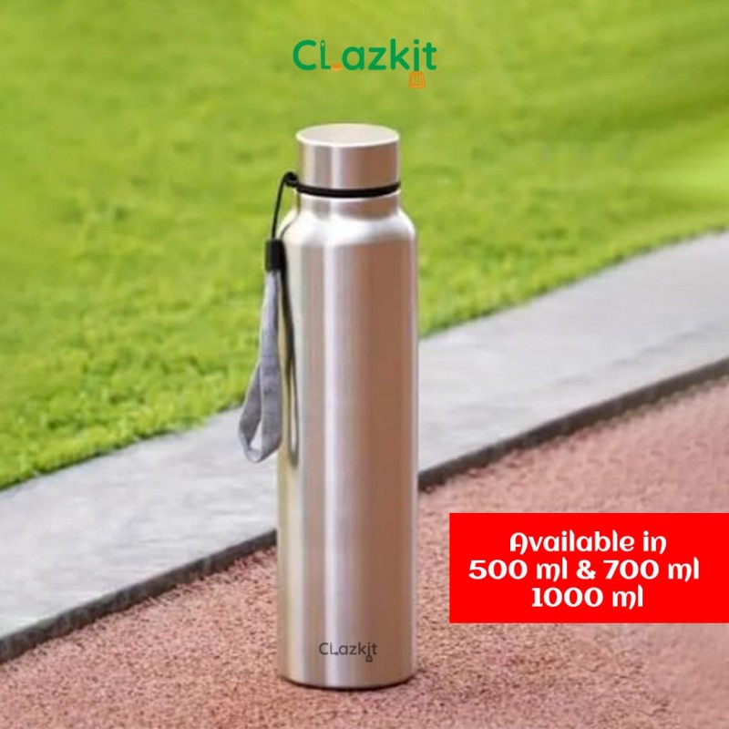 Clazkit Stainless Steel Water Bottle, 1000 ml - Single-Walled, Spill-Proof, Food Grade Steel | Fridge, Office, School, Travel, Gym, Car (Silver)