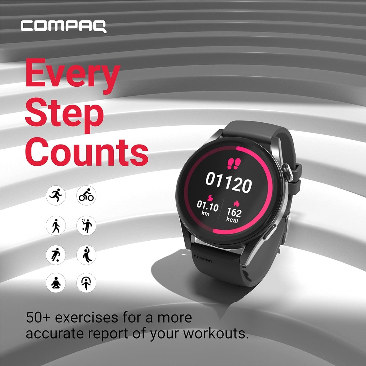 Compaq Q Watch Dimension Series with HD Display| BT Calling| AI Voice Assistance| Instant Messaging Notification| Blood Pressure Monitoring| Heart Rate Monitoring | Wireless Charging| (unbox)