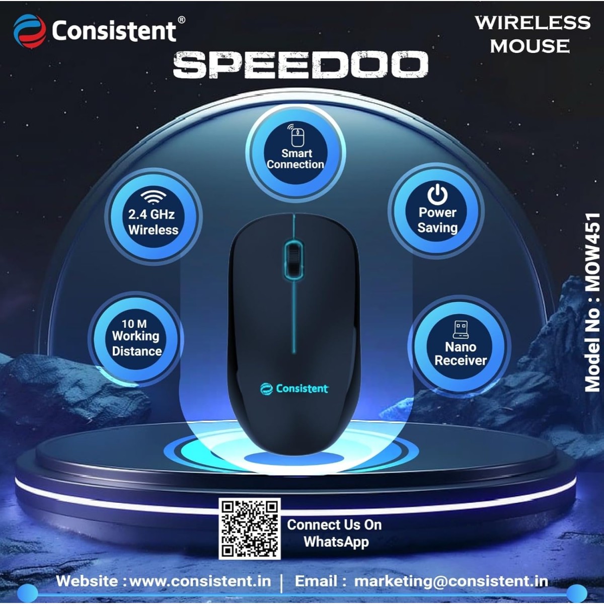 Consistent Speedoo Wireless Mouse 2.4G Portable Mobile Optical Office Mouse with USB MOW451 (Black+White)