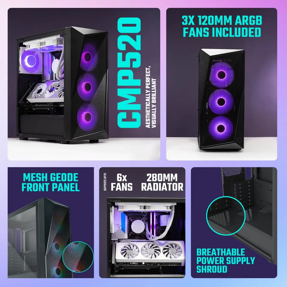 Cooler Master CMP520 Mesh Computer Case - 280mm Radiator Support | High Airflow Case | 3 x 120mm ARGB Fans Pre-Installed | Gaming Case, Black