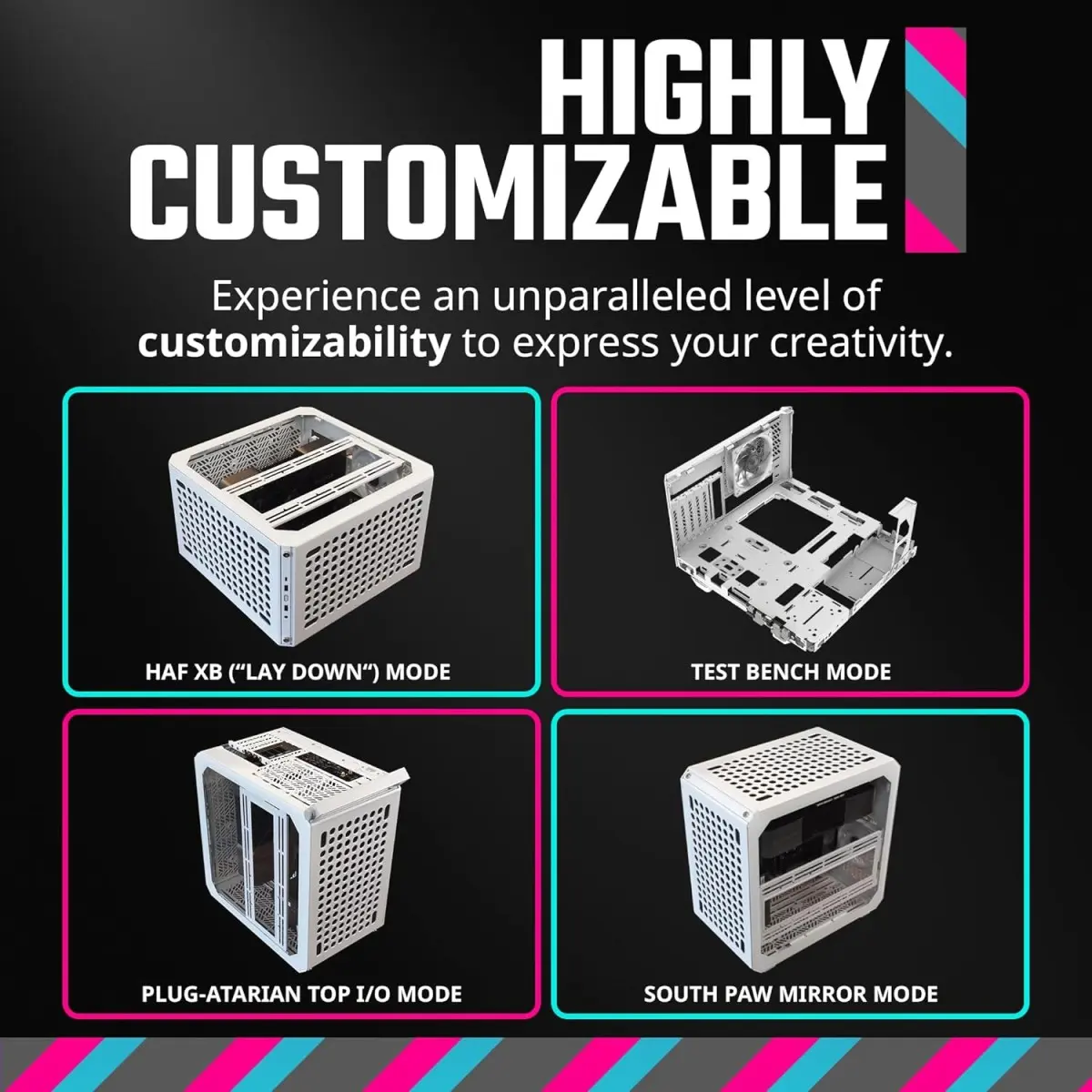 Cooler Master QUBE 500 Flatpack White Small High Airflow Mid-Tower ATX Customizable Gaming PC Case, Tempered Glass, Vertical GPU Mount, USB-C, Carrying Handle, Gem Mini (Q500-WGNN-S00)