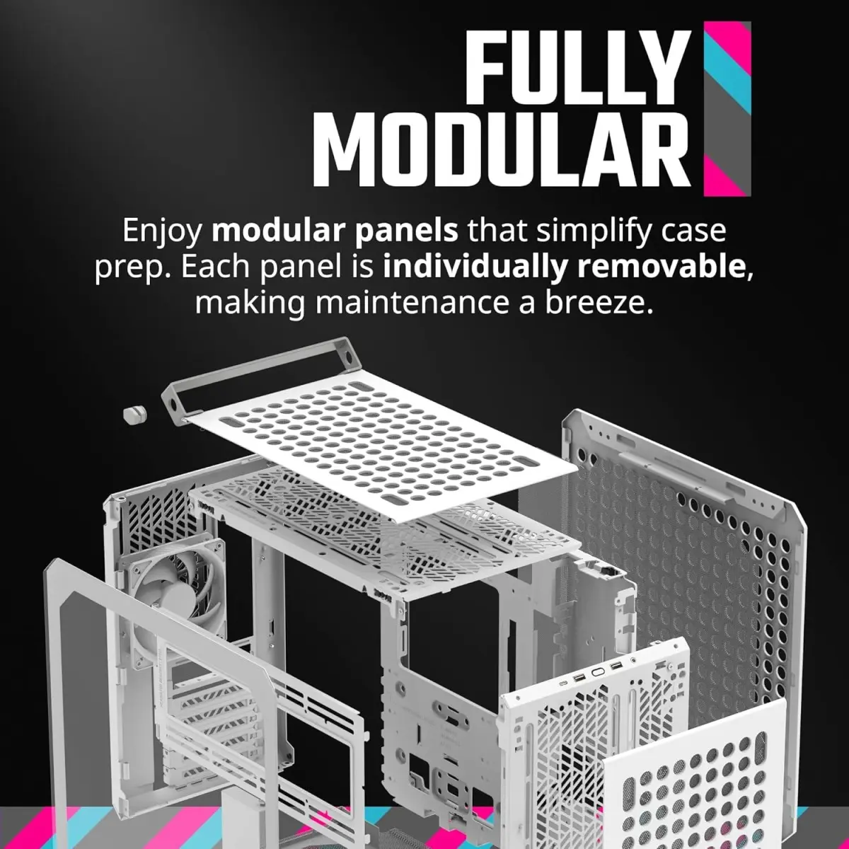 Cooler Master QUBE 500 Flatpack White Small High Airflow Mid-Tower ATX Customizable Gaming PC Case, Tempered Glass, Vertical GPU Mount, USB-C, Carrying Handle, Gem Mini (Q500-WGNN-S00)