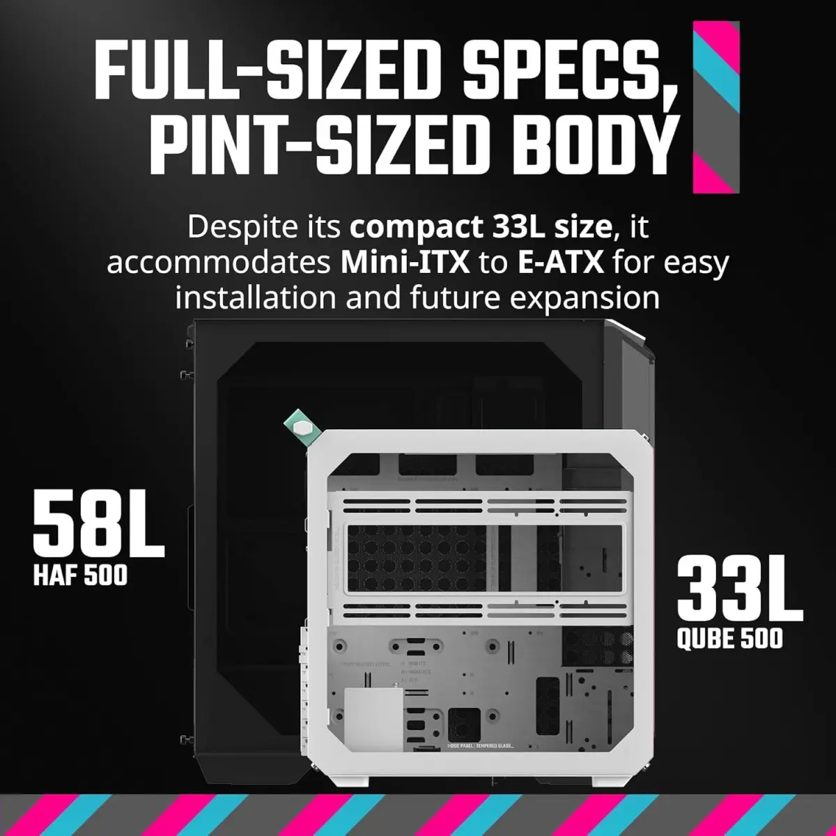 Cooler Master QUBE 500 Flatpack White Small High Airflow Mid-Tower ATX Customizable Gaming PC Case, Tempered Glass, Vertical GPU Mount, USB-C, Carrying Handle, Gem Mini (Q500-WGNN-S00)
