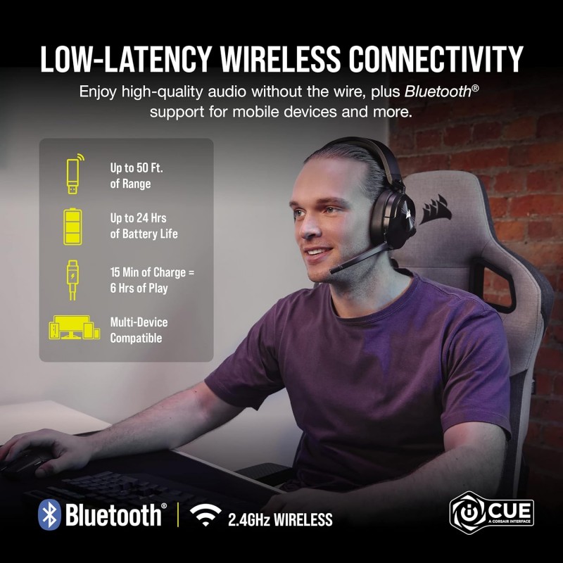 Corsair HS55 Wireless Gaming Headset, Carbon, Low-Latency 2.4Ghz Wireless or Bluetooth, Dolby Audio 7.1 Surround Sound on PC and Mac, Omni-Directional Microphone with Flip-to-Mute Function