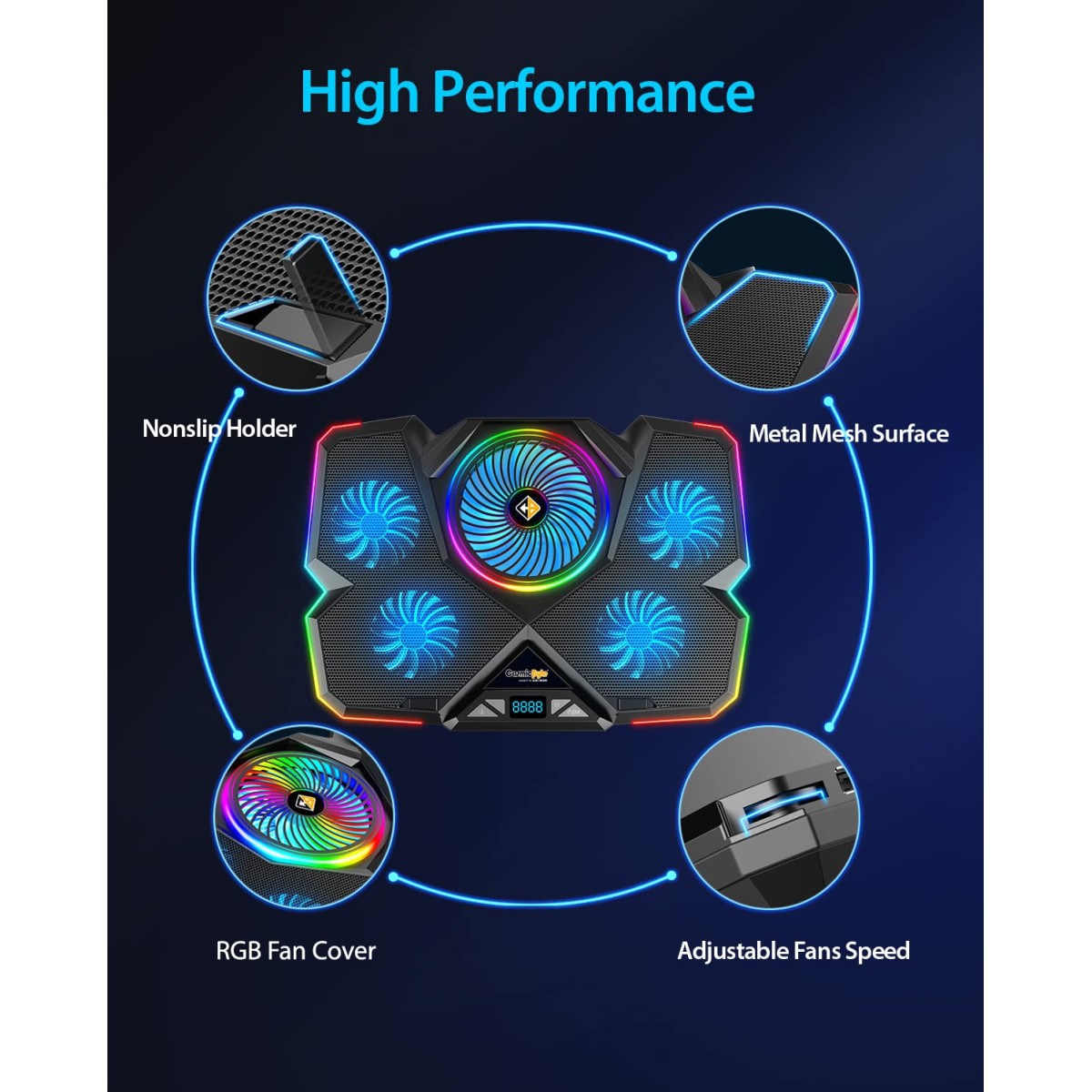 Cosmic Byte Cyclone RGB Laptop Cooling Pad with 5 Fan Adjustable Speed USB Hub Black-Blue
