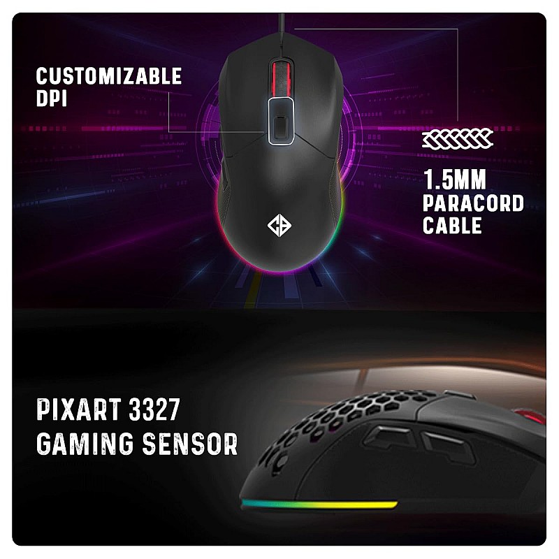 Cosmic Byte Firestorm RGB Wired Gaming Mouse, 67 Grams, 12400DPI, 1000Hz Polling, Pixart 3327 Sensor, 10M Switches, Paracord Cable, Software Support Upgraded PTFE Feet (Black)