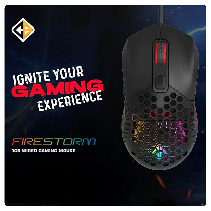 Cosmic Byte Firestorm RGB Wired Gaming Mouse, 67 Grams, 12400DPI, 1000Hz Polling, Pixart 3327 Sensor, 10M Switches, Paracord Cable, Software Support Upgraded PTFE Feet (Black)