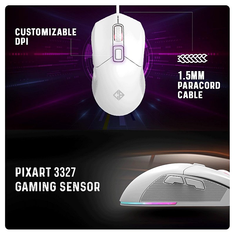 Cosmic Byte Firestorm RGB Wired Gaming Mouse, 67 Grams, 12400DPI, 1000Hz Polling, Pixart 3327 Sensor, 10M Switches, Paracord Cable, Software Support Upgraded PTFE Feet (Black)