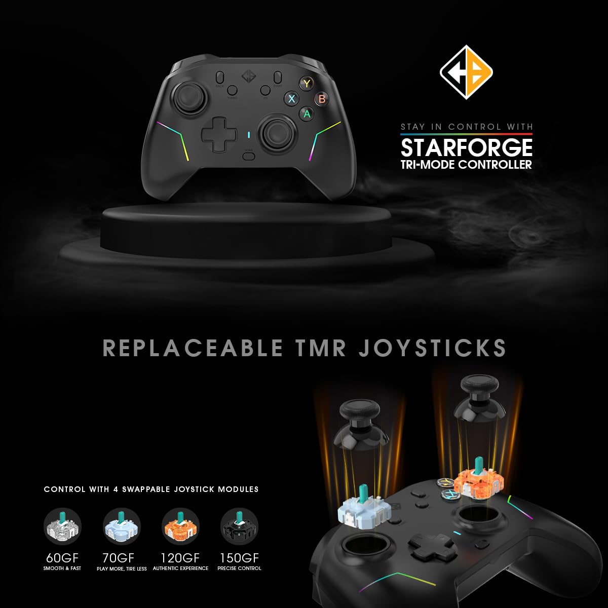 Cosmic Byte Starforge Tri-Mode Controller | Optical Triggers with Trigger Locks | TMR Replaceable Joysticks | Impulse Trigger Feedback | HD Voice Coil Vibration | Macro Back Buttons | RGB & Tri-Mode Connectivity