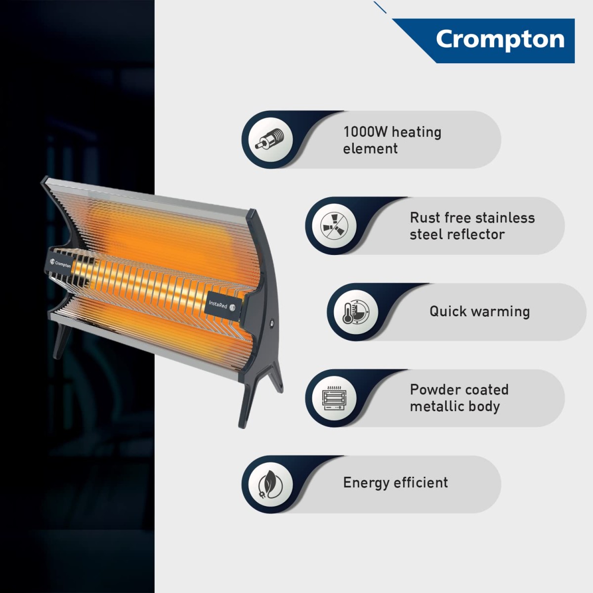 Crompton 1000 Watt Insta Red Radiant Room Heater with Ceramic Rod,Stainless steel reflector with Powder Coated Metallic Body.