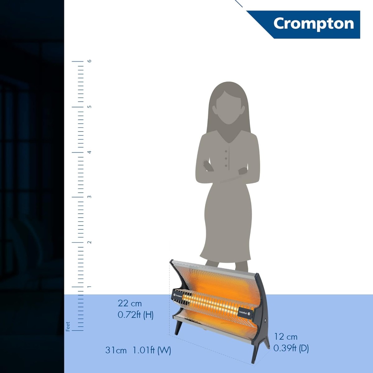 Crompton 1000 Watt Insta Red Radiant Room Heater with Ceramic Rod,Stainless steel reflector with Powder Coated Metallic Body.