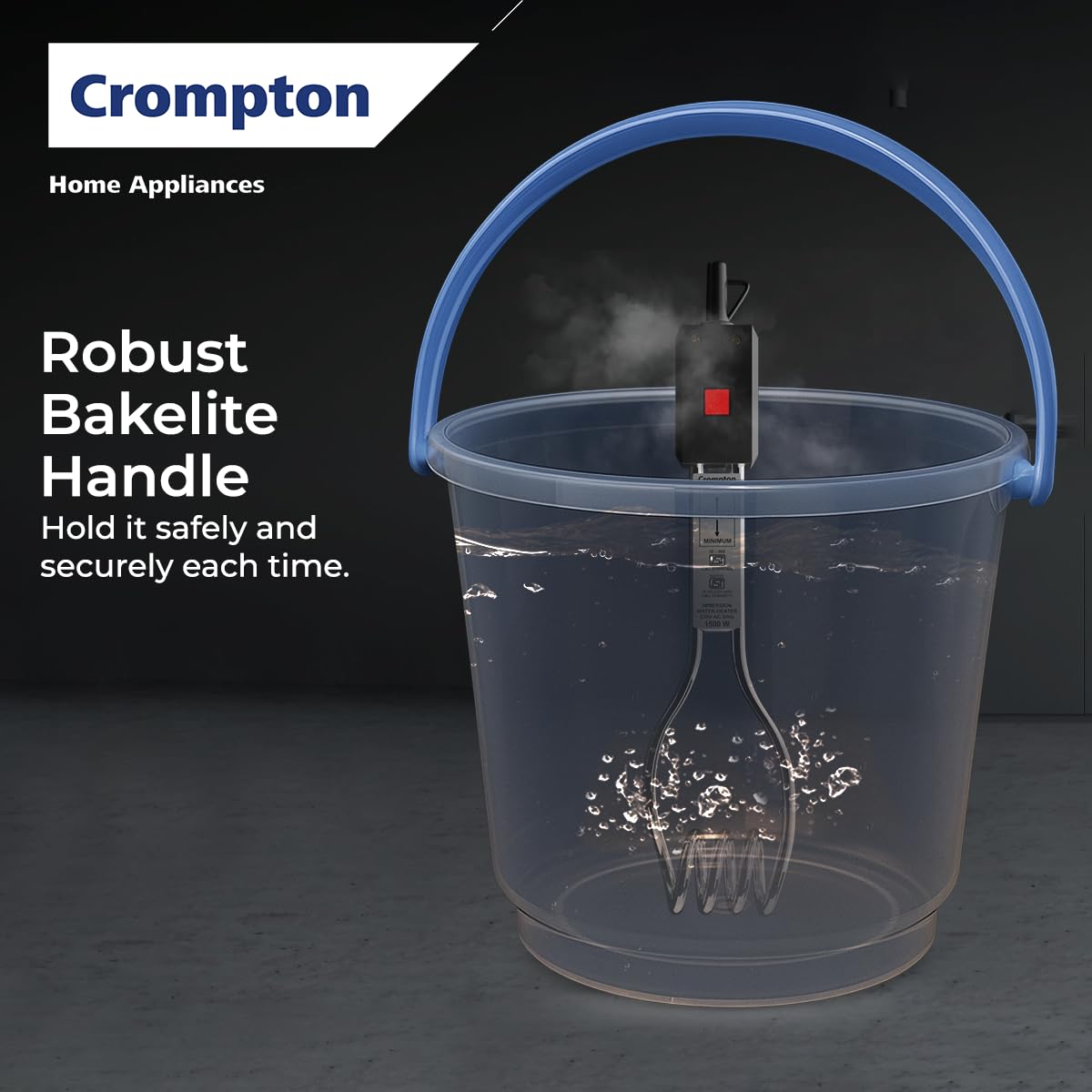 Crompton AIMR-B15A 1500W Superfast heating Immersion Rod| 100% Shock Proof| Anti-corrosive coating| Energy Saving| Powerful Heating Element| Bucket Hook & Light Indicator| 2 Yrs Warranty