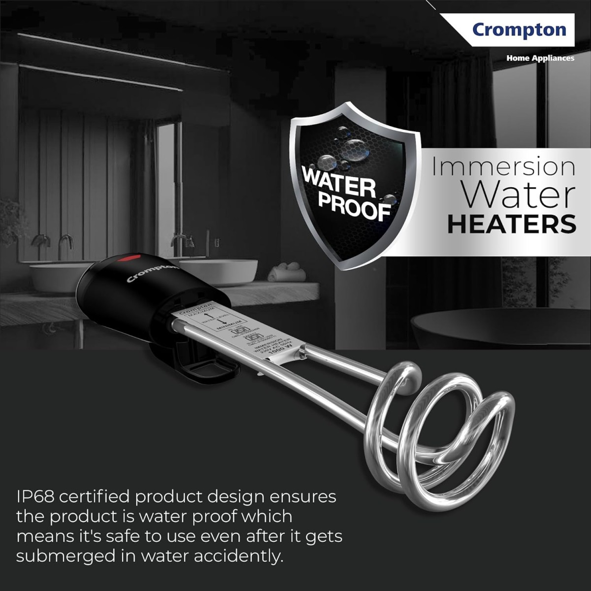 Crompton AIMR-SP15A 1500W Superfast heating Immersion Rod| 100% Shock Proof| IP 68 Protection| Anti-corrosive coating| 2 Yrs Warranty| Energy Saving| Powerful Heating Element| Bucket Hook