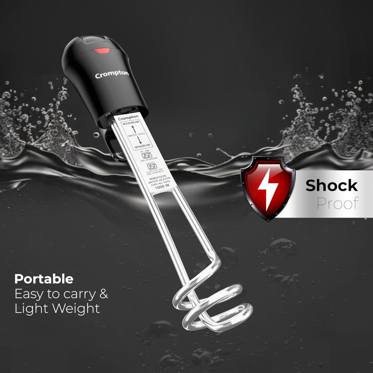 Crompton AIMR-SP15A 1500W Superfast heating Immersion Rod| 100% Shock Proof| IP 68 Protection| Anti-corrosive coating| 2 Yrs Warranty| Energy Saving| Powerful Heating Element| Bucket Hook