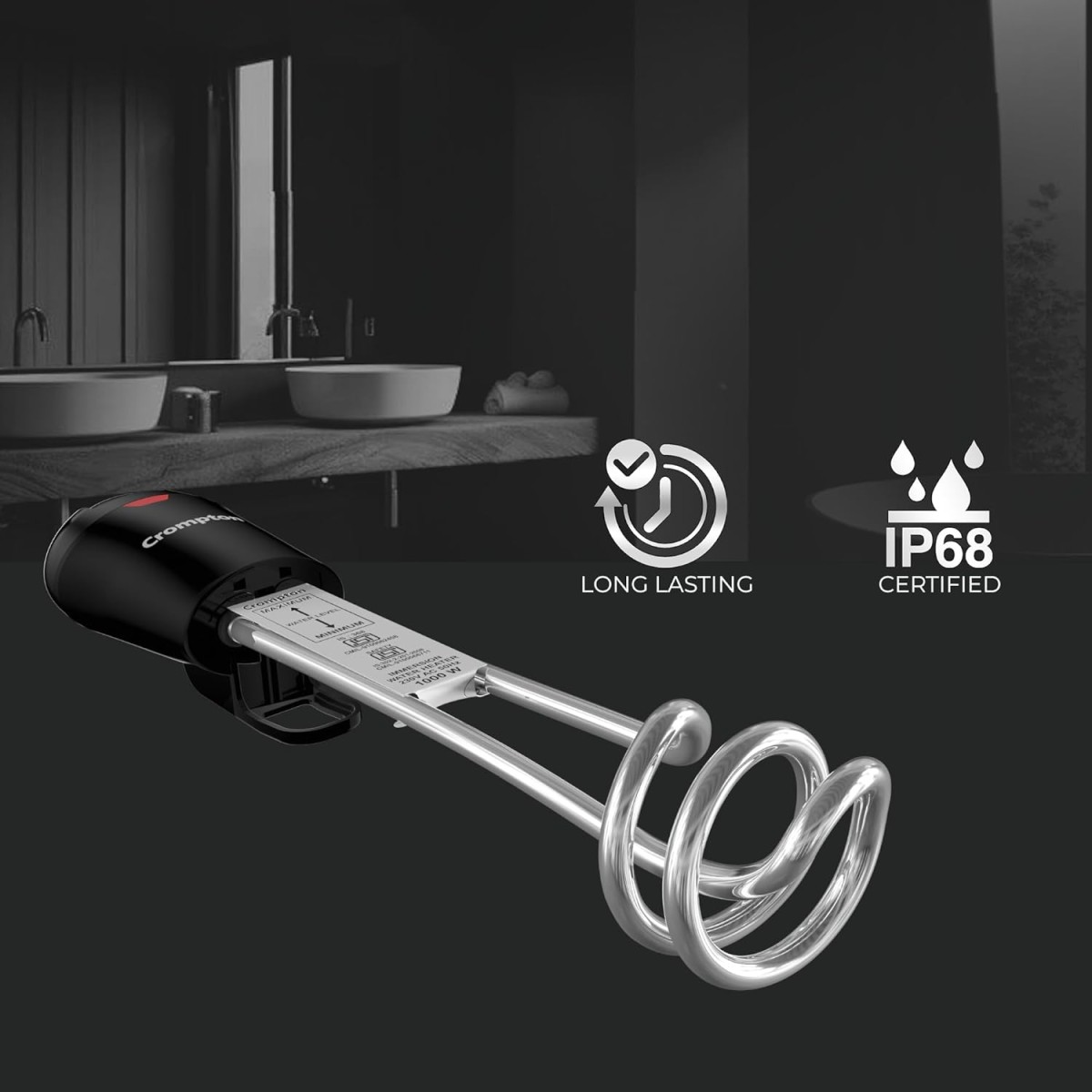 Crompton AIMR-SP1A 1000W Superfast heating Immersion Rod| 100% Shock Proof| IP 68 Protection| Anti-corrosive coating| 2 Yrs Warranty| Energy Saving| Powerful Heating Element| Bucket Hook