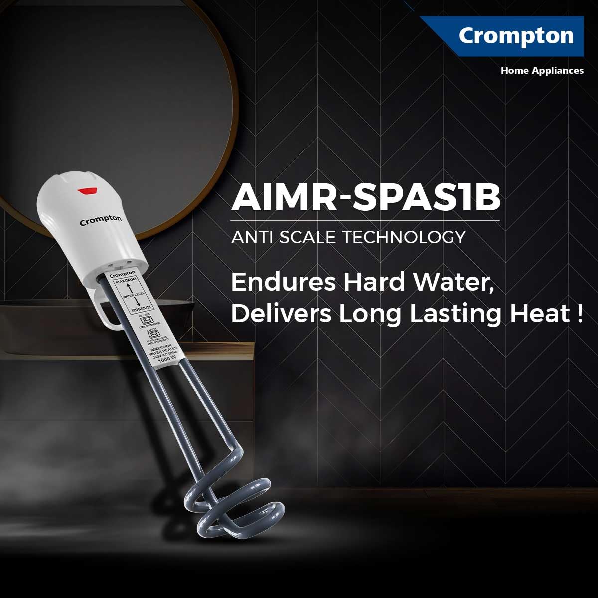 Crompton AIMR-SPAS1B 1000W Superfast heating Immersion Rod| Anti-Scale technology| 100% Shock Proof| IP 68 Protection| 3 Yrs Warranty| Energy Saving| Powerful Heating Element| Bucket Hook