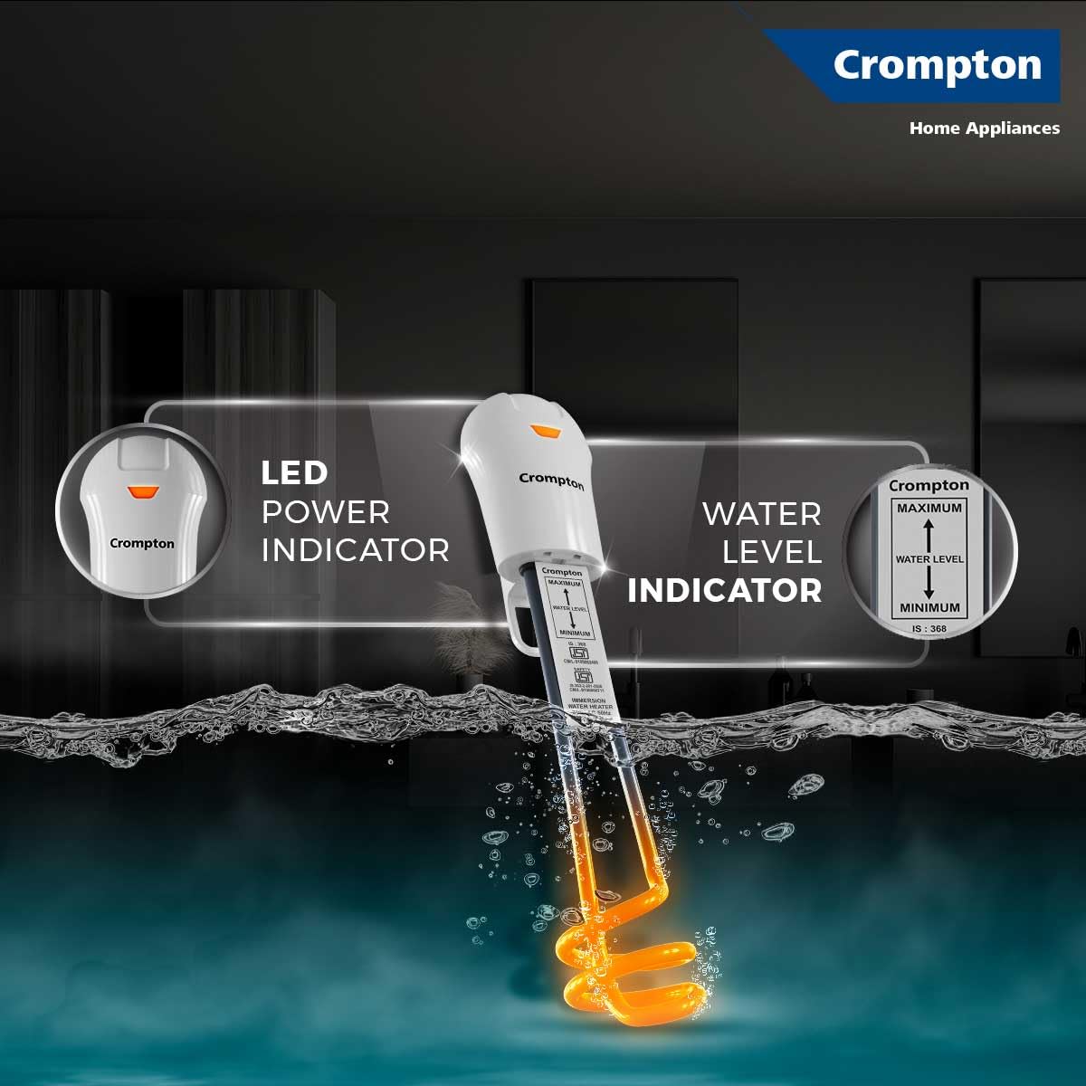 Crompton AIMR-SPAS1B 1000W Superfast heating Immersion Rod| Anti-Scale technology| 100% Shock Proof| IP 68 Protection| 3 Yrs Warranty| Energy Saving| Powerful Heating Element| Bucket Hook