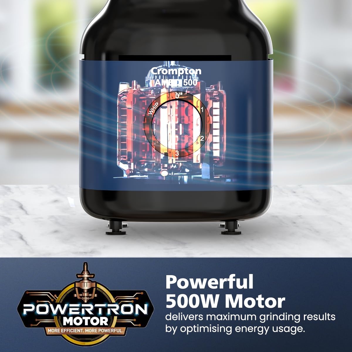 Crompton Ameo 500W Mixer Grinder with Powertron Motor & Motor Vent-X Technology, Robust design (3 Stainless Steel Jars, Blue and Black)