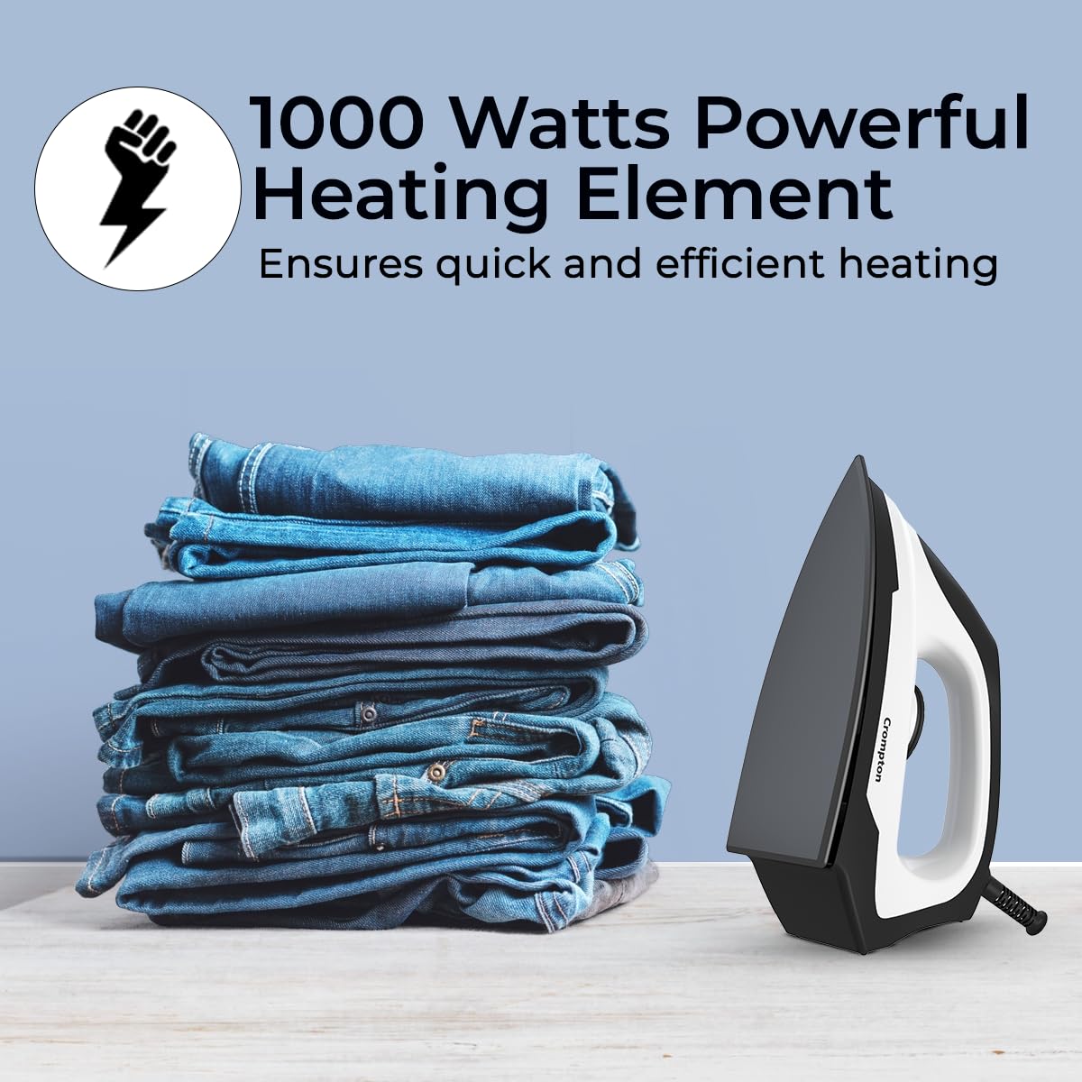 Crompton Cromyon 1000W Lightweight Iron,Weilburger Non Stick Soleplate for Smooth Gliding, (Black), 6 Fabric Settings (ACGEI-CROMYON)