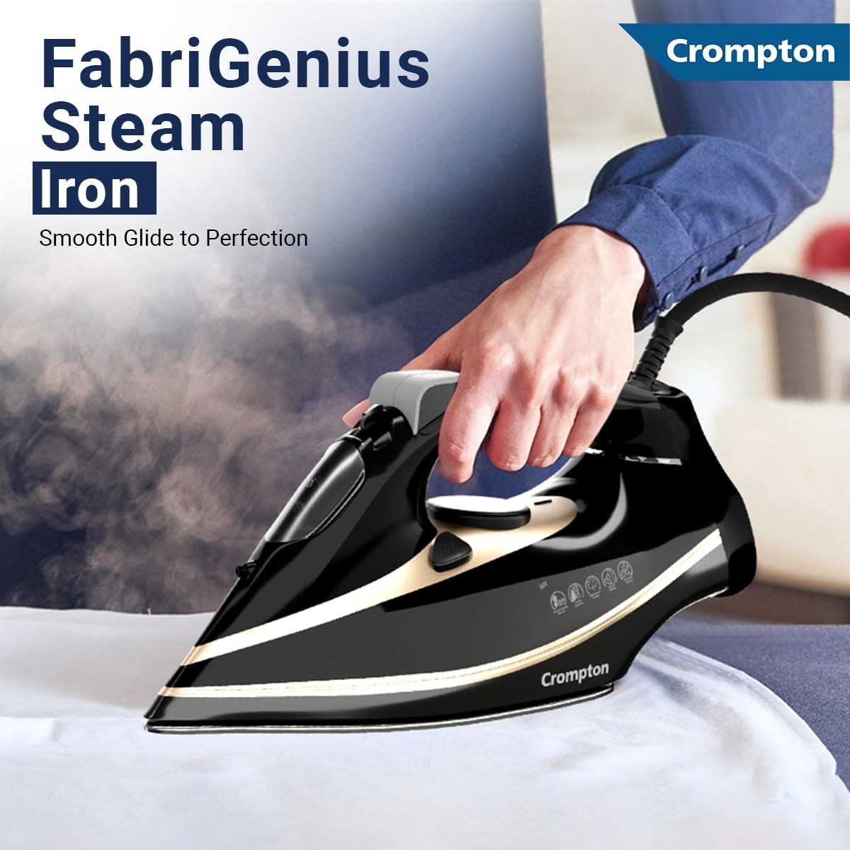 Crompton Fabrigenius 2000 W Steam Iron with 380 ml Water Tank, Upto 40g /min Steam Output and Ceramic Coating Soleplate (Black), 6 Fabric Settings, Large (ACGSI-FABRIGENIUS)