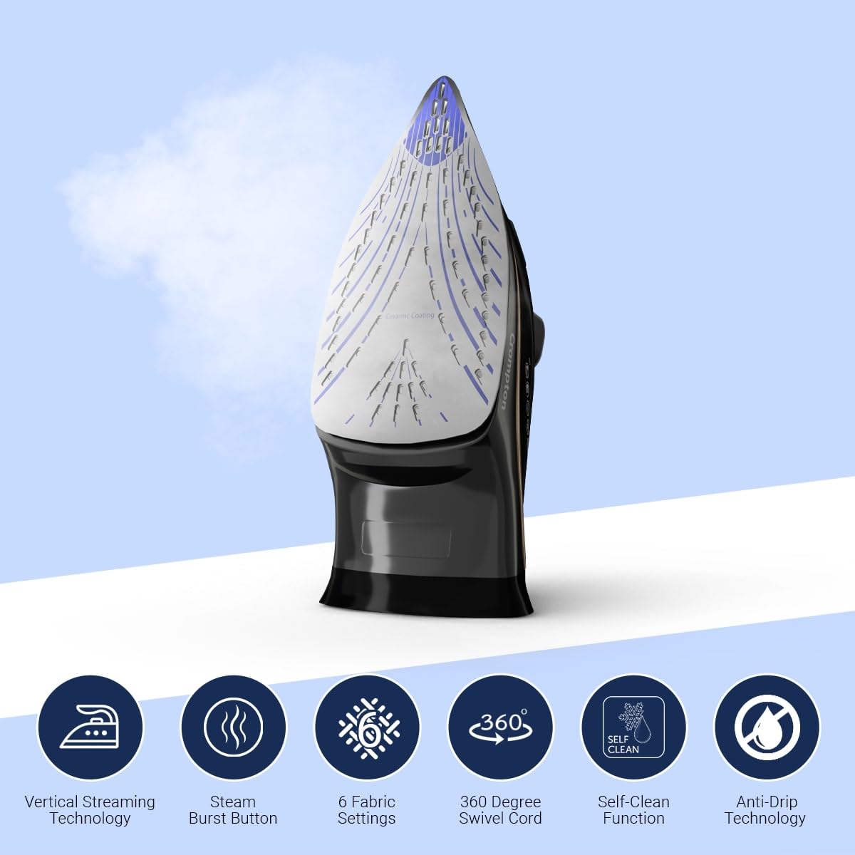 Crompton Fabrigenius 2000 W Steam Iron with 380 ml Water Tank, Upto 40g /min Steam Output and Ceramic Coating Soleplate (Black), 6 Fabric Settings, Large (ACGSI-FABRIGENIUS)