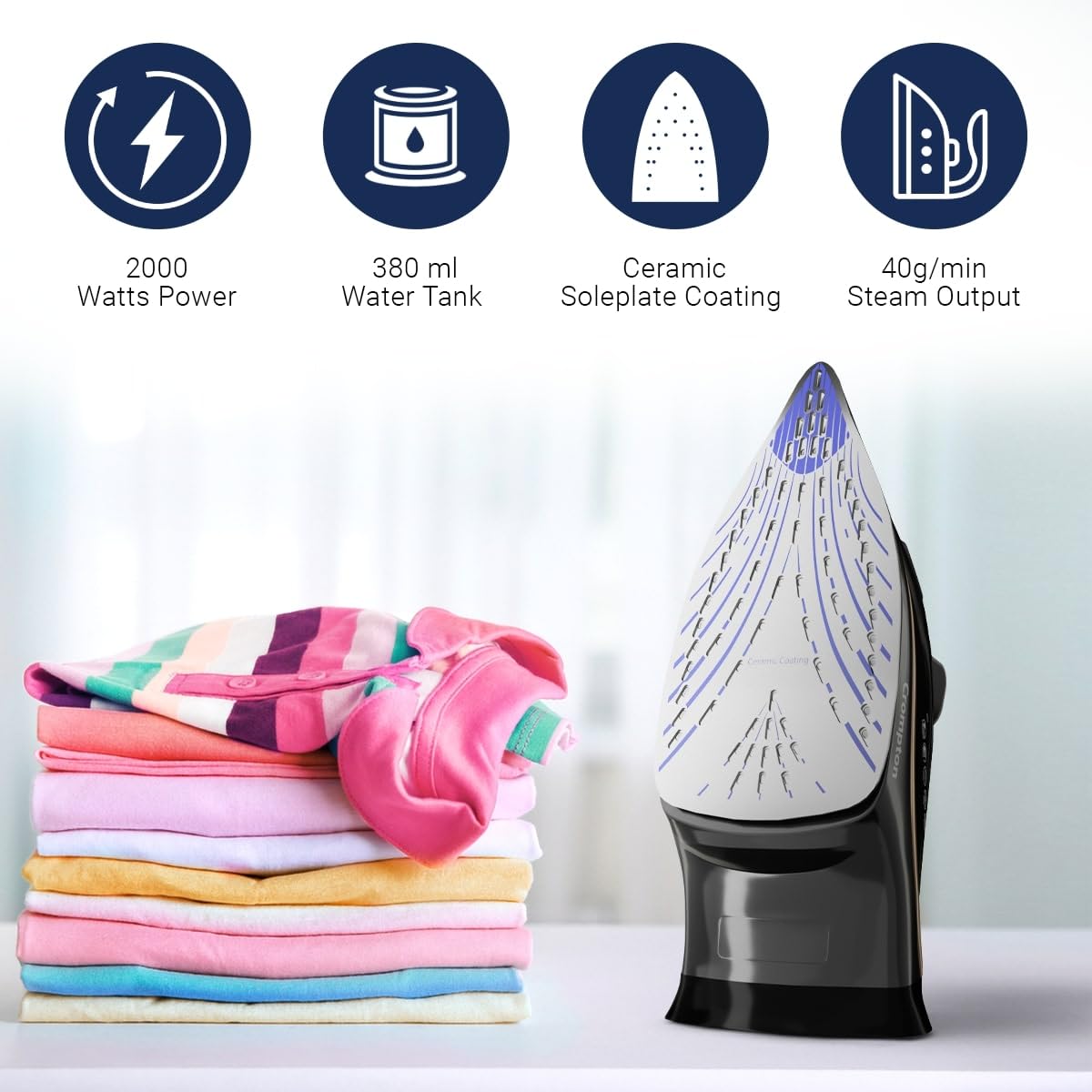 Crompton Fabrigenius 2000 W Steam Iron with 380 ml Water Tank, Upto 40g /min Steam Output and Ceramic Coating Soleplate (Black), 6 Fabric Settings, Large (ACGSI-FABRIGENIUS)