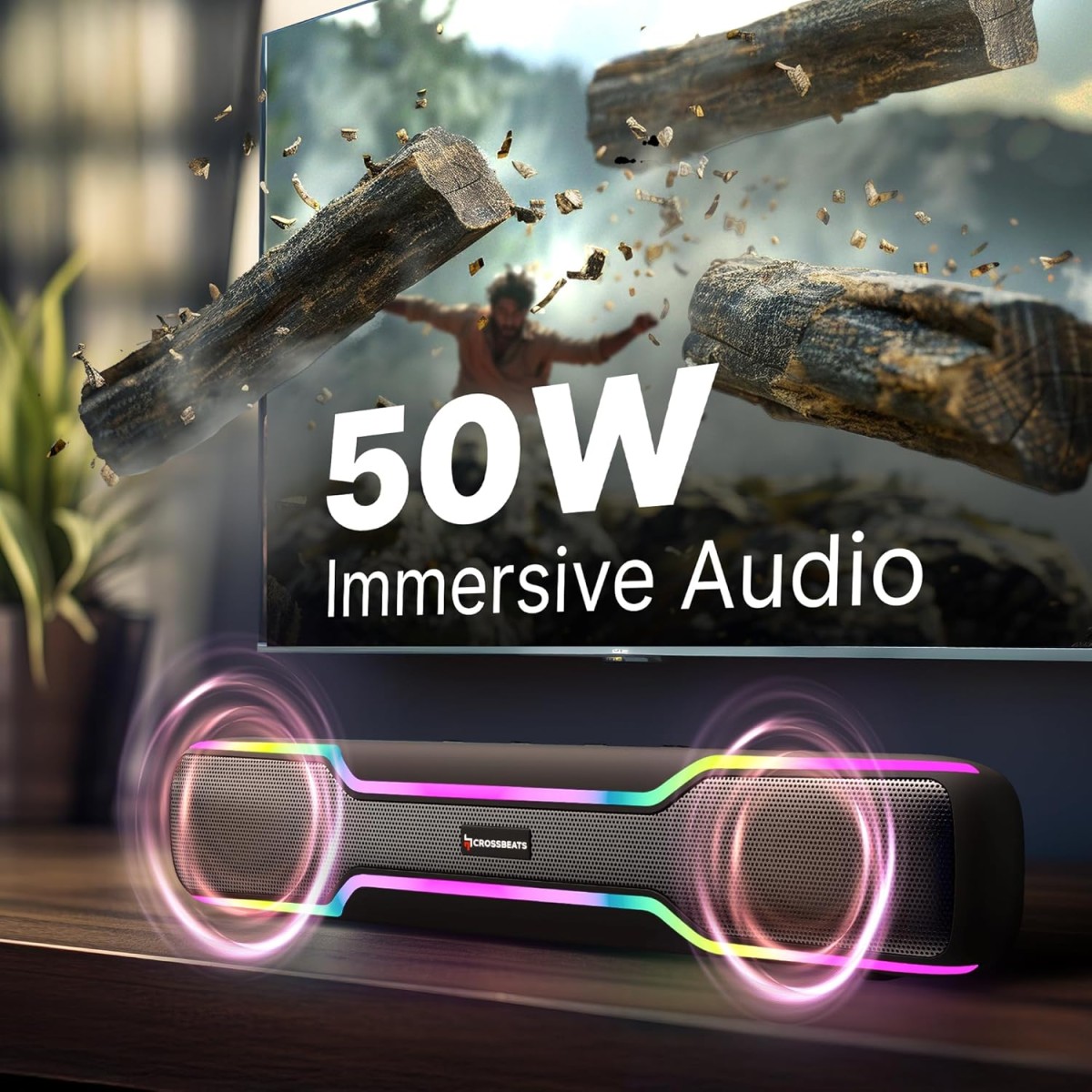 CrossBeats Blaze B50 | 50W Sound bar | Gaming RGB Light | FM Radio AUX, SD Card, USB I 3000 mAh 5 Hrs Battery Built in mic Bluetooth Soundbar Tv Speaker for Home, Mobile, PC, Laptop TWS Pairing (2023) CrossBeats Blaze B50 | 50W Sound bar | Gaming RGB Light | FM Radio AUX, SD Card, USB I 3000 mAh 5 Hrs Battery Built in mic Bluetooth Soundbar Tv Speaker for Home, Mobile, PC, Laptop TWS Pairing (2023)