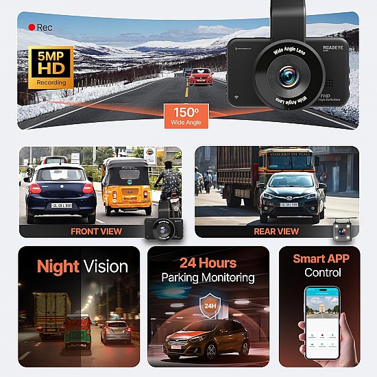 CrossBeats RoadEye 2.0 Dash Camera for Car Front and Rear| 2.7K Resolution 5MP FHD with Night Vision| ADAS 3" LCD Display Dash cam for car 150° Wide Angle| G-Sensor | Loop Emergency Recorder| 256 GB