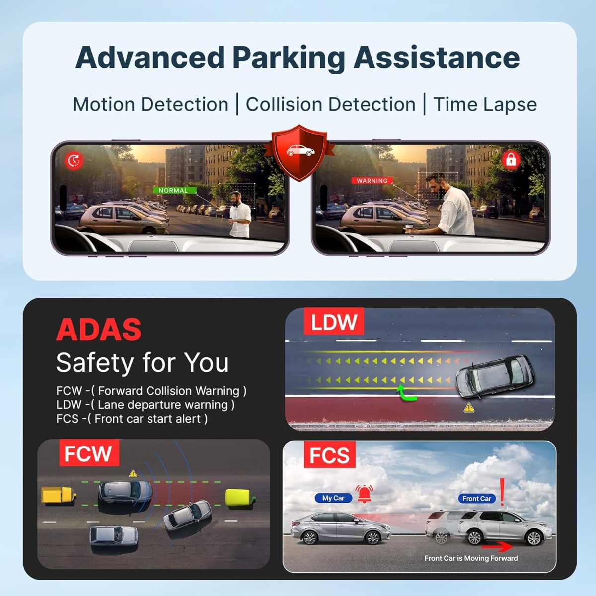 CrossBeats RoadEye 2.0 Dash Camera for Car Front and Rear| 2.7K Resolution 5MP FHD with Night Vision| ADAS 3" LCD Display Dash cam for car 150° Wide Angle| G-Sensor | Loop Emergency Recorder| 256 GB