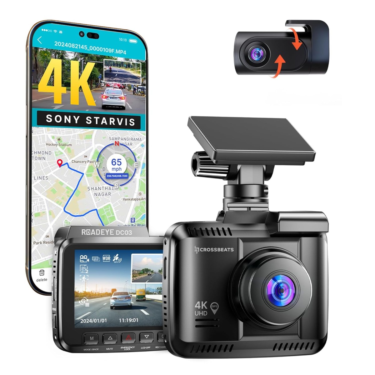 CrossBeats RoadEye 2.0 Dash Camera for Car Front and Rear| 2.7K Resolution 5MP FHD with Night Vision| ADAS 3" LCD Display Dash cam for car 150° Wide Angle| G-Sensor | Loop Emergency Recorder| 256 GB