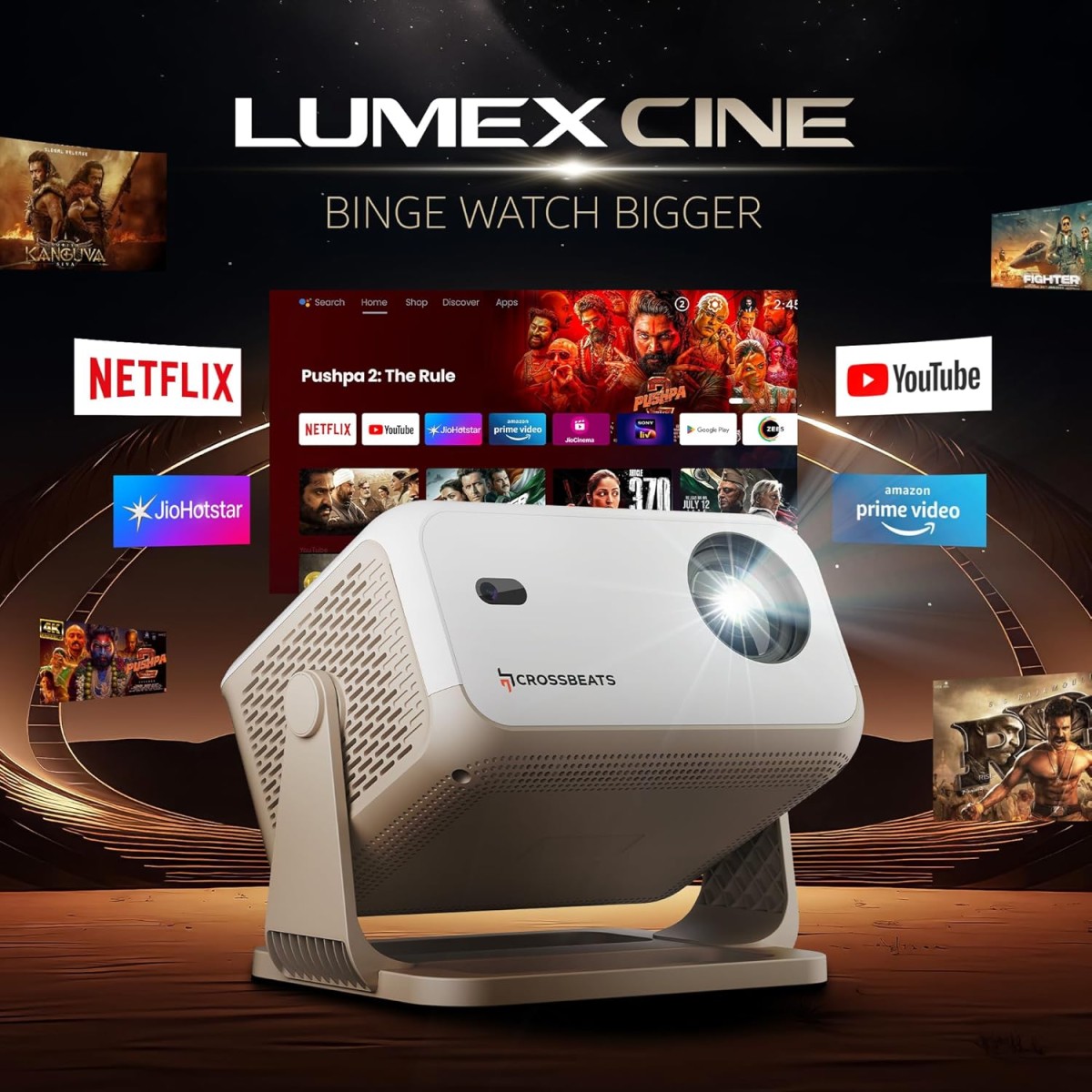 Crossbeats Lumex Cine Smart Home Projector 4k Ultra HD, Native 1080p, Mini Projector for Room,16000 Lumens Android OS, Built-in - Netflix, Prime, YouTube, Portable, Speaker, WiFi, 300" Display Cinema Crossbeats Lumex Cine Smart Home Projector 4k Ultra HD, Native 1080p, Mini Projector for Room,16000 Lumens Android OS, Built-in - Netflix, Prime, YouTube, Portable, Speaker, WiFi, 300" Display Cinema