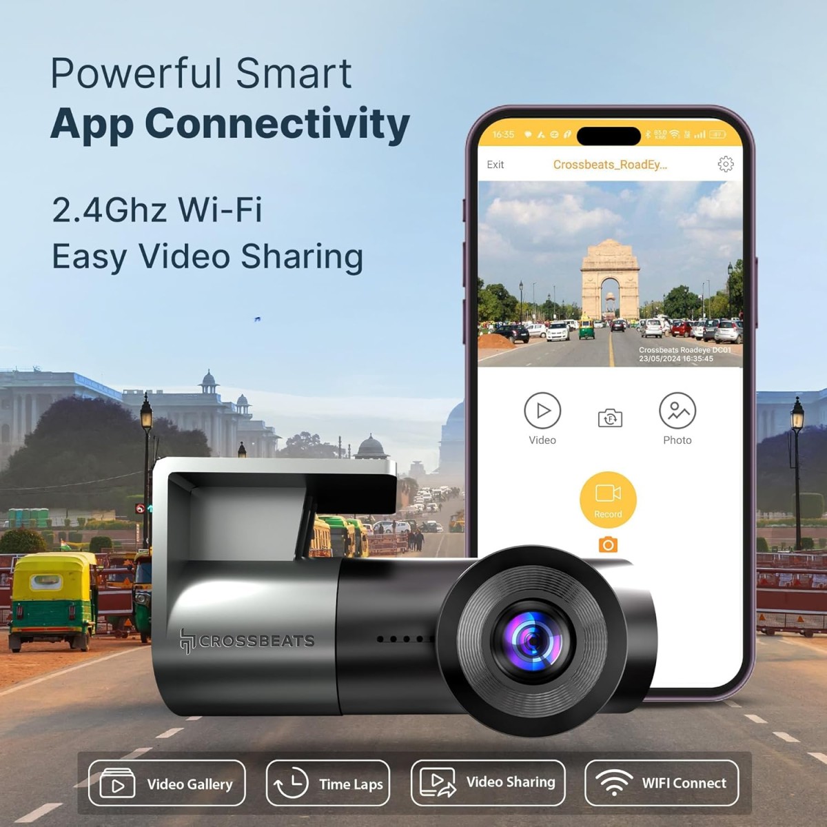 Crossbeats RoadEye-Neo-Dash Camera for Car WiFi & APP 2MP FHD 1080p 170° Wide Angle Dashcam 360° Front Camera for Car