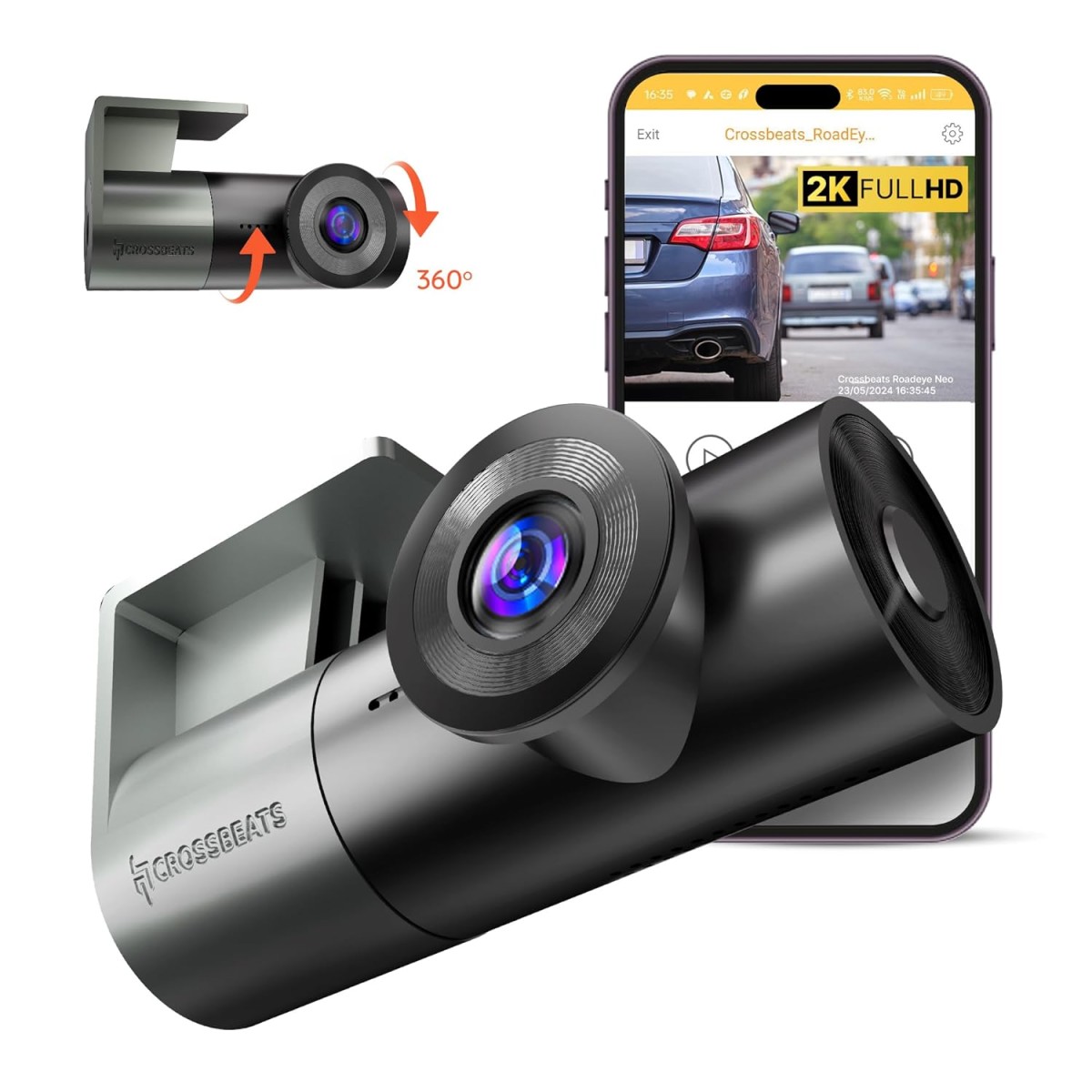 Crossbeats RoadEye-Neo-Dash Camera for Car WiFi & APP 2MP FHD 1080p 170° Wide Angle Dashcam 360° Front Camera for Car