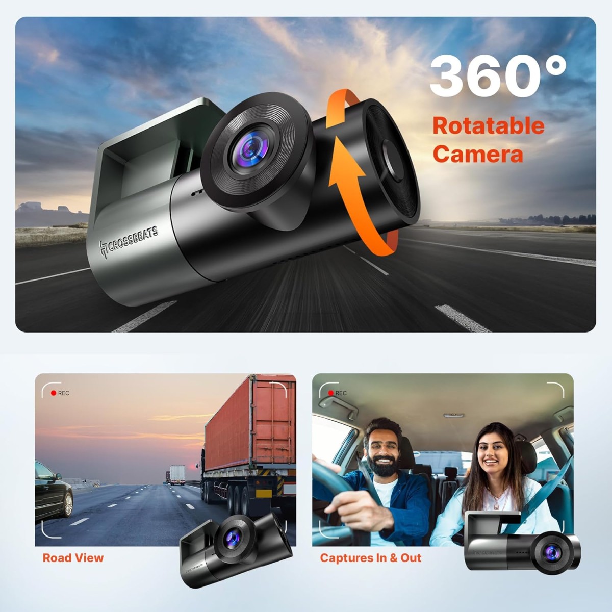 Crossbeats RoadEye-Neo-Dash Camera for Car WiFi & APP 2MP FHD 1080p 170° Wide Angle Dashcam 360° Front Camera for Car