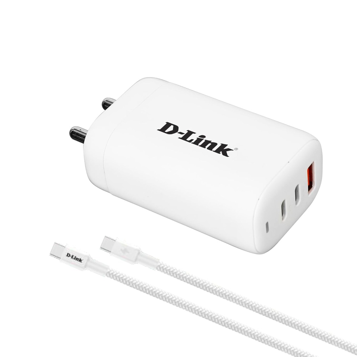 D-Link 65W Triple Port Fast Charger 2 Type-C & 1 USB-A for All Mobile Phones,Type C Enabled Laptops.Gan Technology(100W) Cable. - White