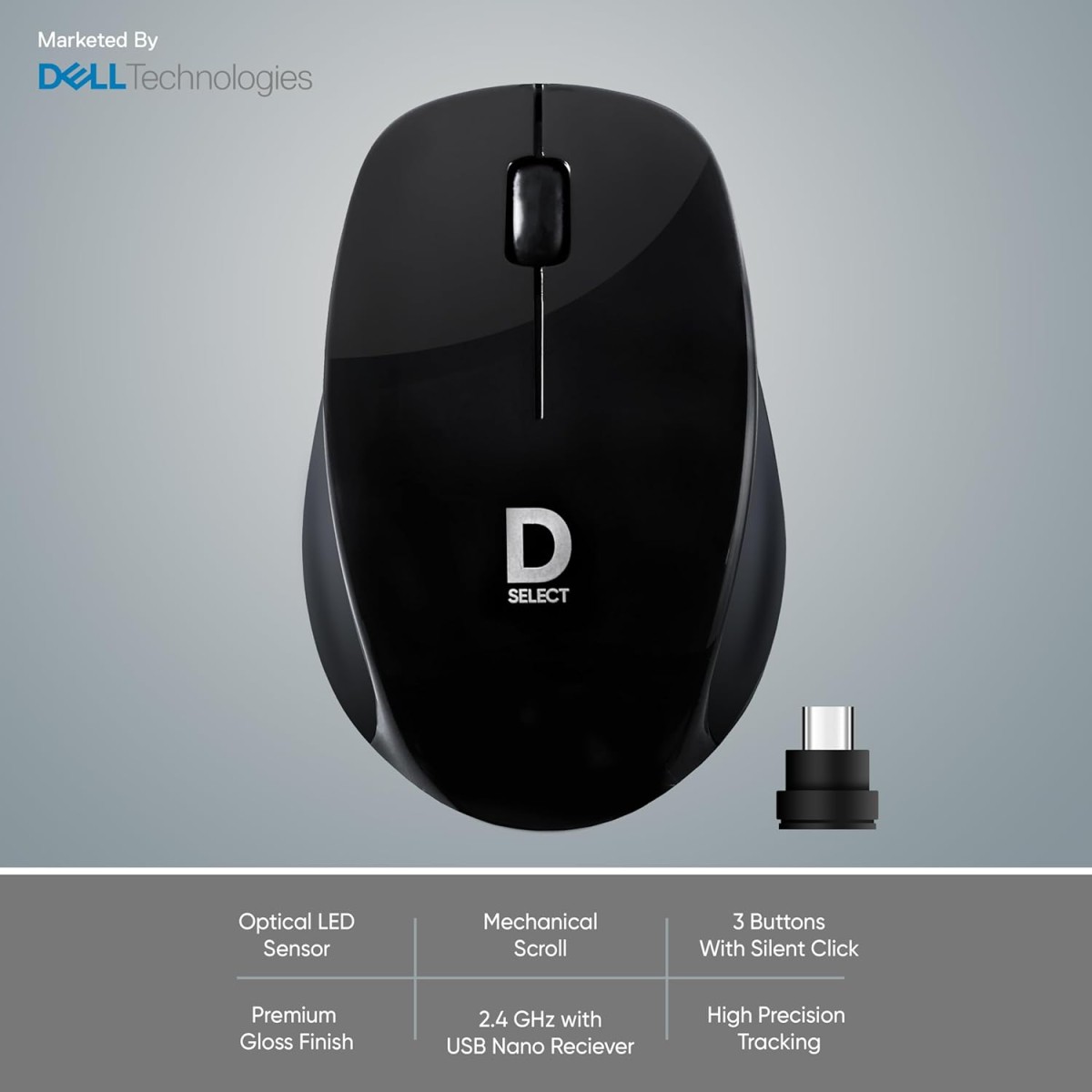 D SELECT Wireless Mouse DS320-Black with USB Type A Connector, 1200DPi, Lightweight | Marketed by Dell
