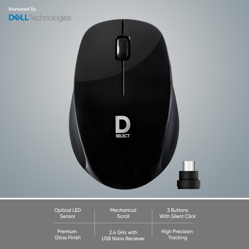 D SELECT Wireless Mouse DS320-Black with USB Type A Connector, 1200DPi, Lightweight | Marketed by Dell D SELECT Wireless Mouse DS320-Black with USB Type A Connector, 1200DPi, Lightweight | Marketed by Dell