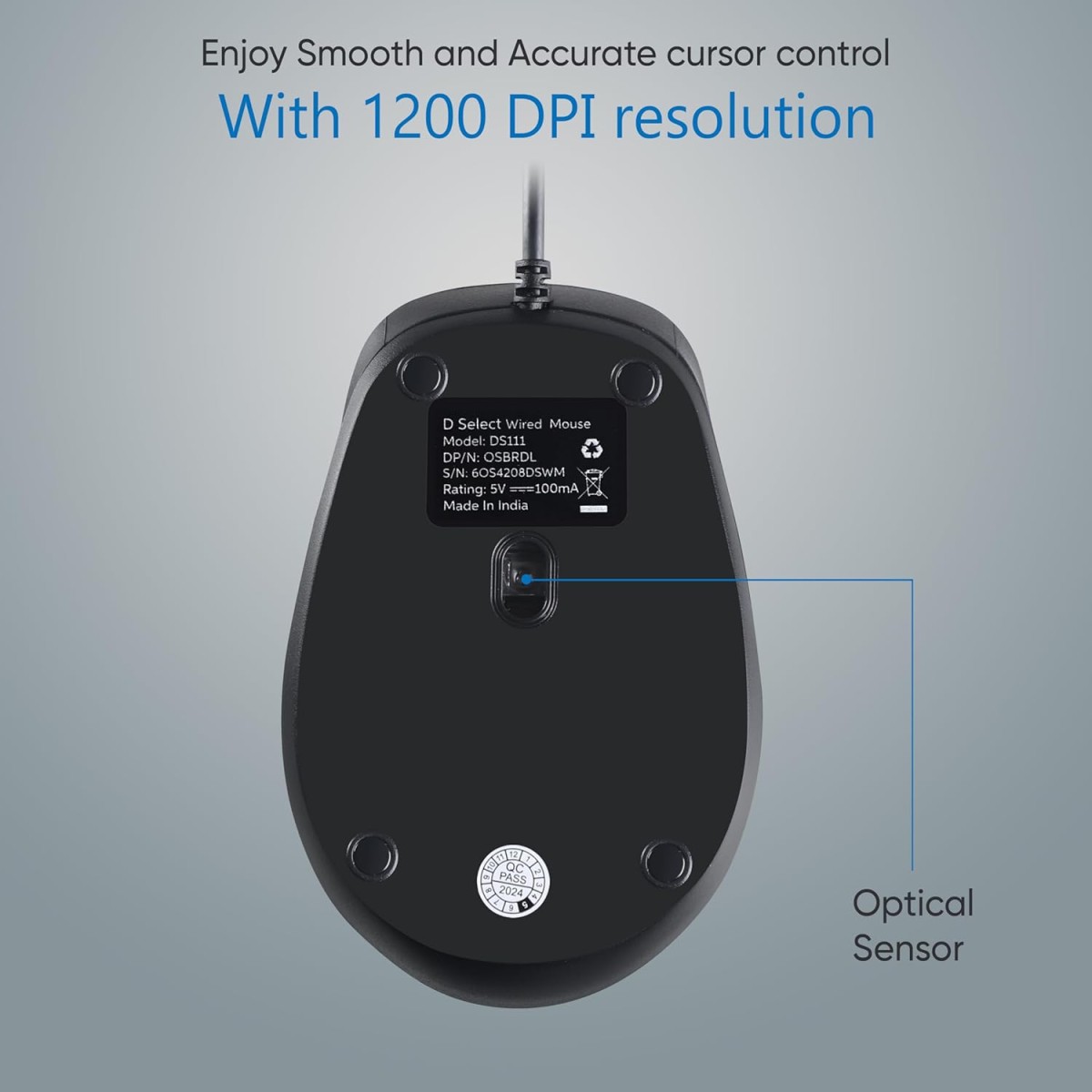 D SELECT Wireless Mouse DS320-Black with USB Type A Connector, 1200DPi, Lightweight | Marketed by Dell