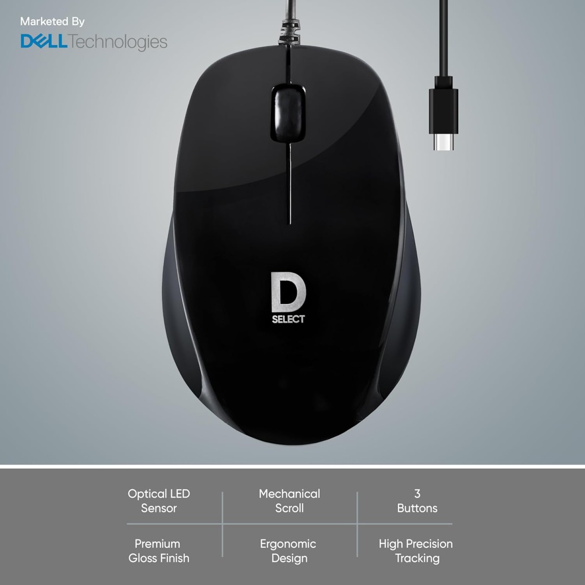 D SELECT Wireless Mouse DS320-Black with USB Type A Connector, 1200DPi, Lightweight | Marketed by Dell