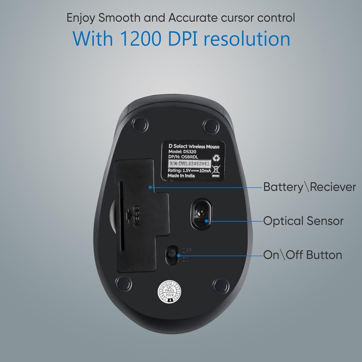 D SELECT Wireless Mouse DS320-Black with USB Type A Connector, 1200DPi, Lightweight | Marketed by Dell