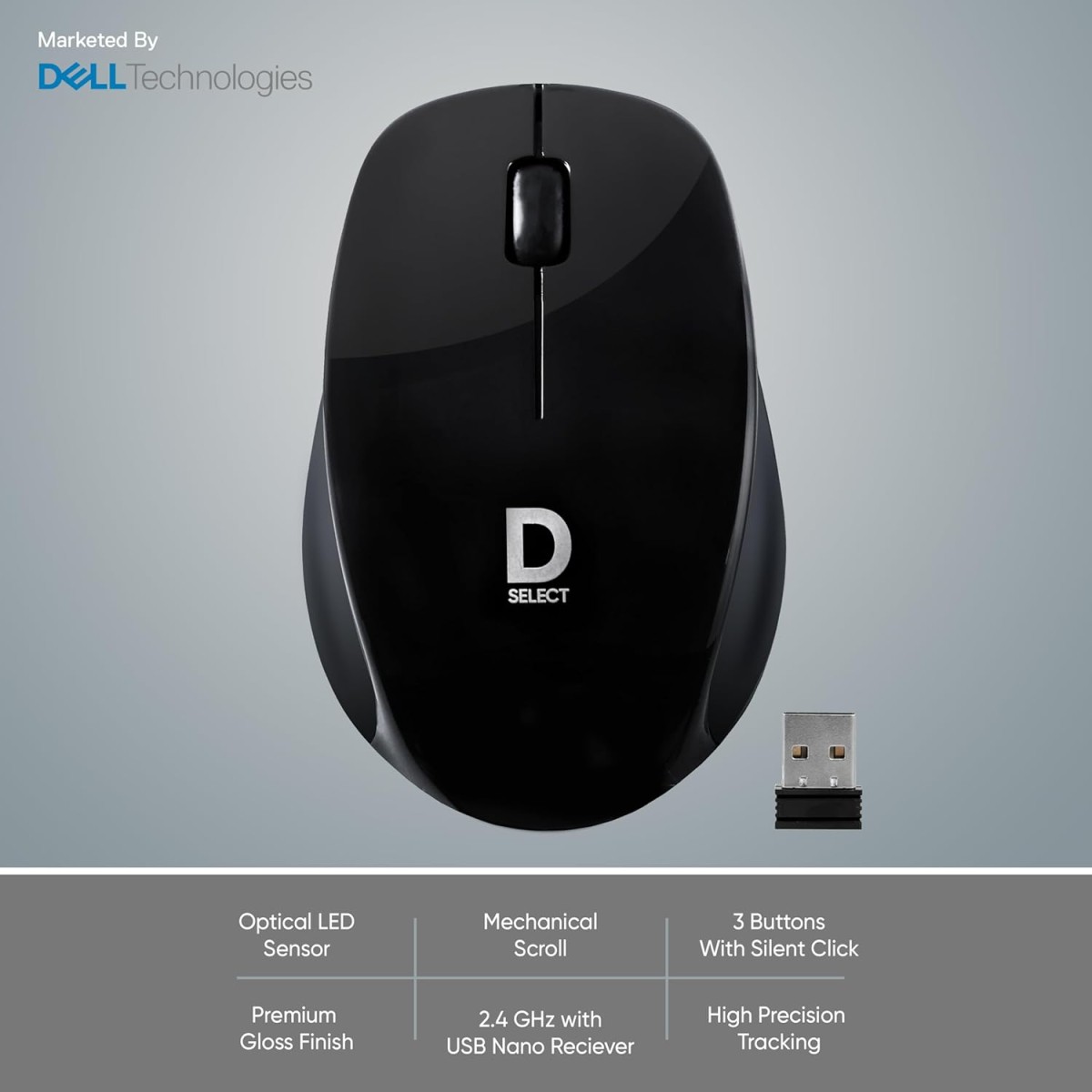 D SELECT Wireless Mouse DS320-Black with USB Type A Connector, 1200DPi, Lightweight | Marketed by Dell