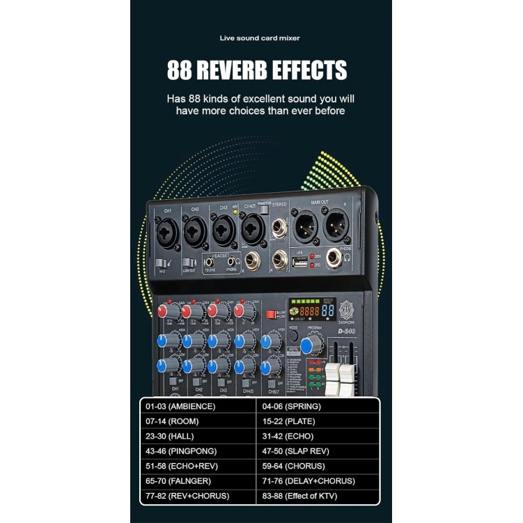 DIGIMORE 7 Channel Audio Mixer | DJ mixer Board | Bluetooth MP3 Mixer for Music With Sound Card Recording And 88 Kinds of DSP Digital Effects, USB Audio Interface for Karaoke (D-240) DIGIMORE 7 Channel Audio Mixer | DJ mixer Board | Bluetooth MP3 Mixer for Music With Sound Card Recording And 88 Kinds of DSP Digital Effects, USB Audio Interface for Karaoke (D-240)