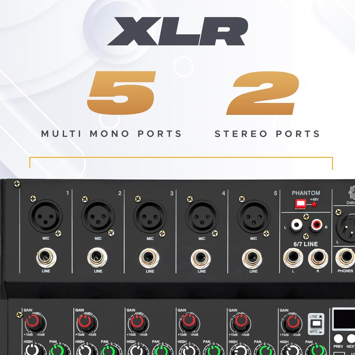 DIGIMORE 7 Channel Audio Mixer with USB & BT Playback | 48V Phantom Power | Stereo XLR Outs | Delay & Reverb Effects | Ideal for Stage, Live Gigs, and Karaoke (D-255 PRO) DIGIMORE 7 Channel Audio Mixer with USB & BT Playback | 48V Phantom Power | Stereo XLR Outs | Delay & Reverb Effects | Ideal for Stage, Live Gigs, and Karaoke (D-255 PRO)