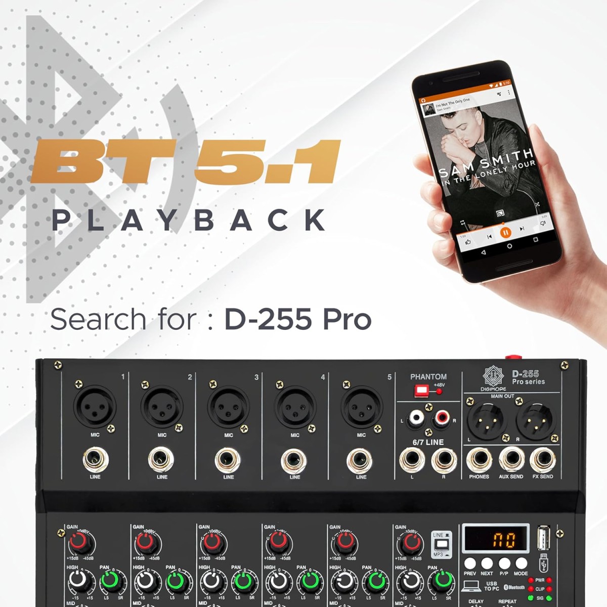 DIGIMORE 7 Channel Audio Mixer with USB & BT Playback | 48V Phantom Power | Stereo XLR Outs | Delay & Reverb Effects | Ideal for Stage, Live Gigs, and Karaoke (D-255 PRO) DIGIMORE 7 Channel Audio Mixer with USB & BT Playback | 48V Phantom Power | Stereo XLR Outs | Delay & Reverb Effects | Ideal for Stage, Live Gigs, and Karaoke (D-255 PRO)