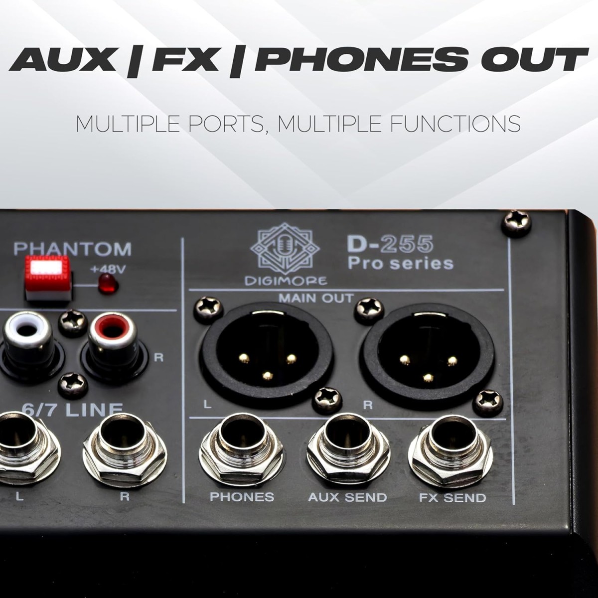 DIGIMORE 7 Channel Audio Mixer with USB & BT Playback | 48V Phantom Power | Stereo XLR Outs | Delay & Reverb Effects | Ideal for Stage, Live Gigs, and Karaoke (D-255 PRO) DIGIMORE 7 Channel Audio Mixer with USB & BT Playback | 48V Phantom Power | Stereo XLR Outs | Delay & Reverb Effects | Ideal for Stage, Live Gigs, and Karaoke (D-255 PRO)