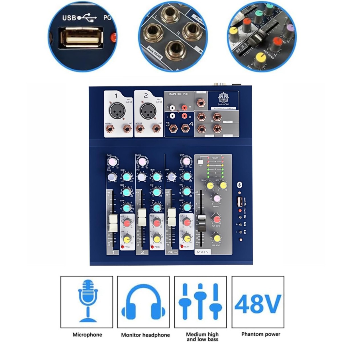 DIGIMORE Audio Mixer 4 Channel | Mixing Console with USB Audio mp3 and 48V Phantom Power, Stereo Equalizer, Ideal for Stage, Live Gigs, and Karaoke (D-250)