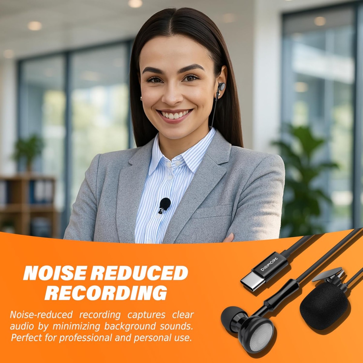 DIGIMORE Built-in Lapel Clip-On Microphone | Two-Way Headset | Omnidirectional Mic | Noise Reduction | for Recording, Streaming & Online Meetings | D-470 (Type-C)