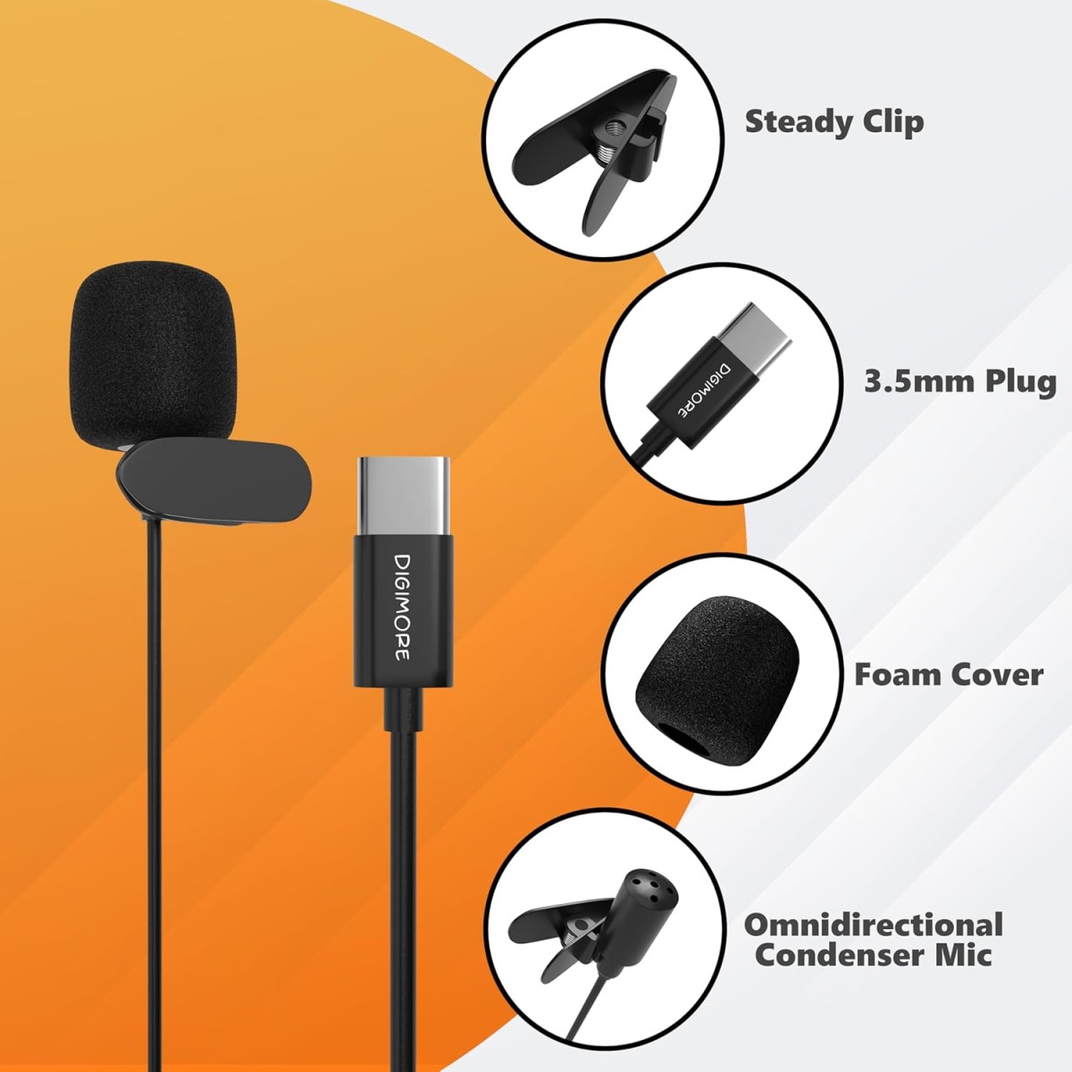 DIGIMORE Built-in Lapel Clip-On Microphone | Two-Way Headset | Omnidirectional Mic | Noise Reduction | for Recording, Streaming & Online Meetings | D-470 (Type-C)