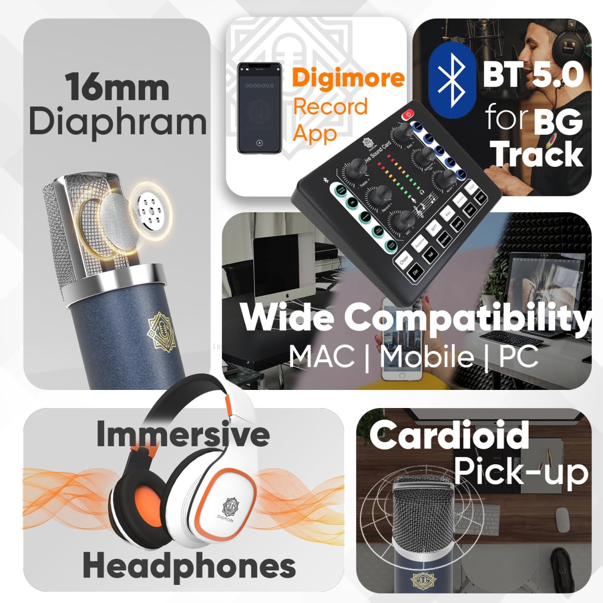 DIGIMORE Condenser Microphone Kit with Studio Headphones, Live Sound Card, Boom Arm Stand, Shock Mount and Pop Filter Ideal for Recording, Starmaker Singing, Live Streaming and Podcast Setup (D-440)