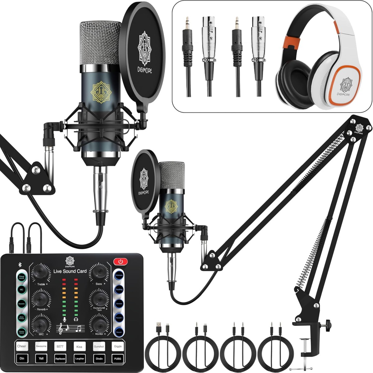 DIGIMORE Dual Condenser Microphone Kit for Singing with V8 Sound Card | Studio Recording Equipments Full Set, Voice Recorder Mic, Karaoke, Gaming, Podcast & Lecture (D-432)